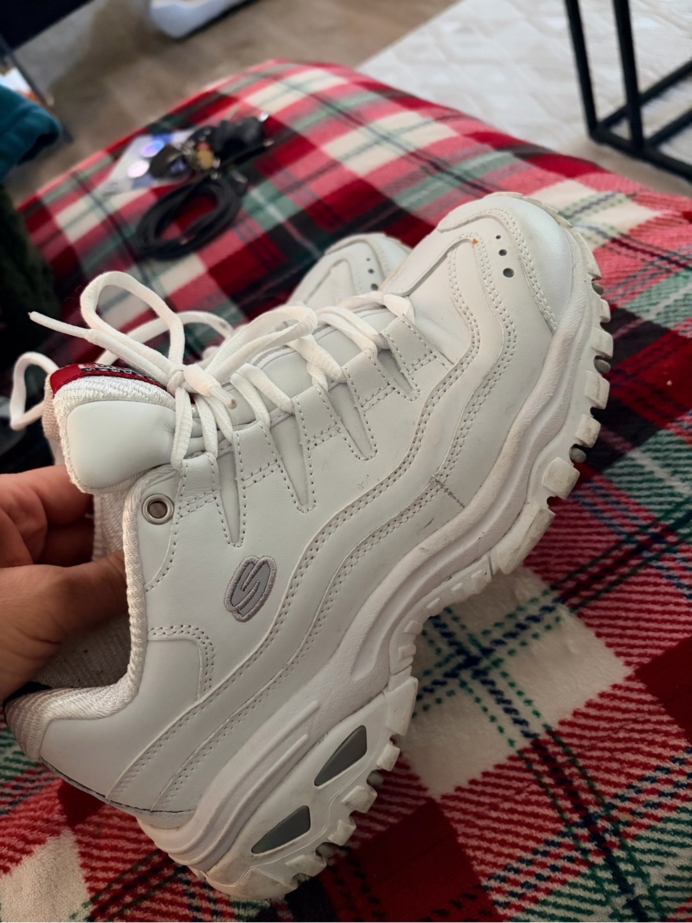 Skechers White Chunky Platform Lace-Up Sneakers with Subtle Gray Accents
